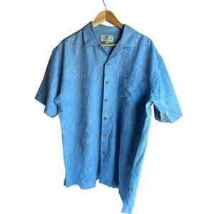 Island Shores Men's Large Vintage Shirt 100% Silk Jacquard Leaf Print Sky Blue